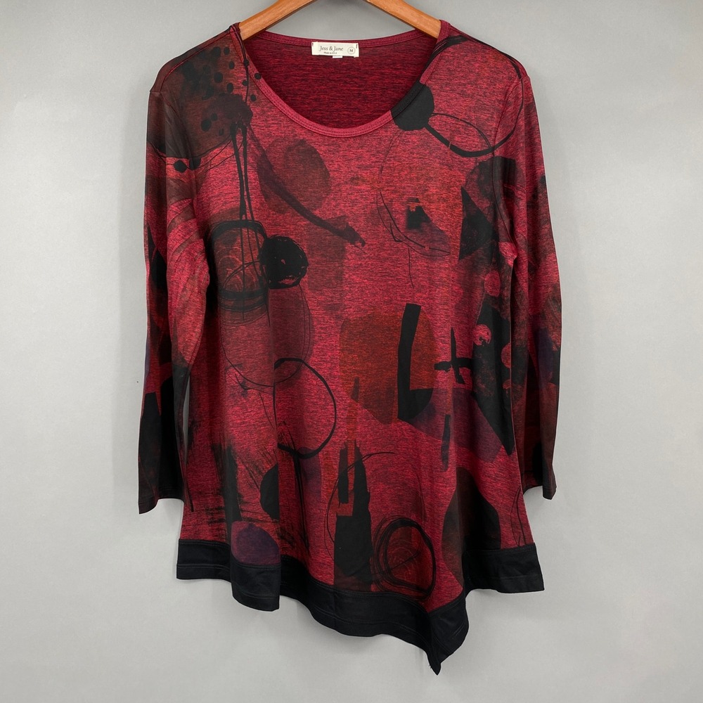Jess & Jane Abstract‎ Graphic Asymmetrical Top Womens Size M Red Black Lagenlook